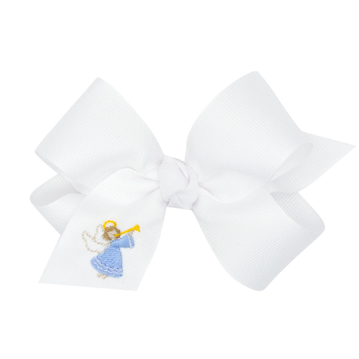 Angel Embroidered White Grosgrain Knot Bow
