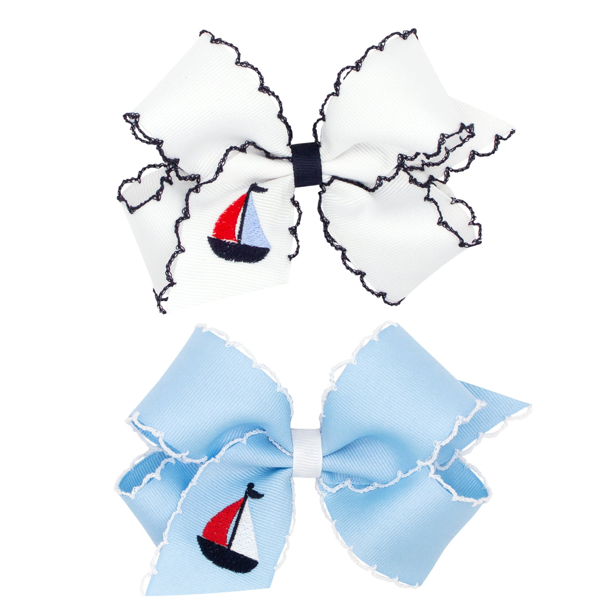 Nautical Sailboat Embroidered Moonstitch Bow