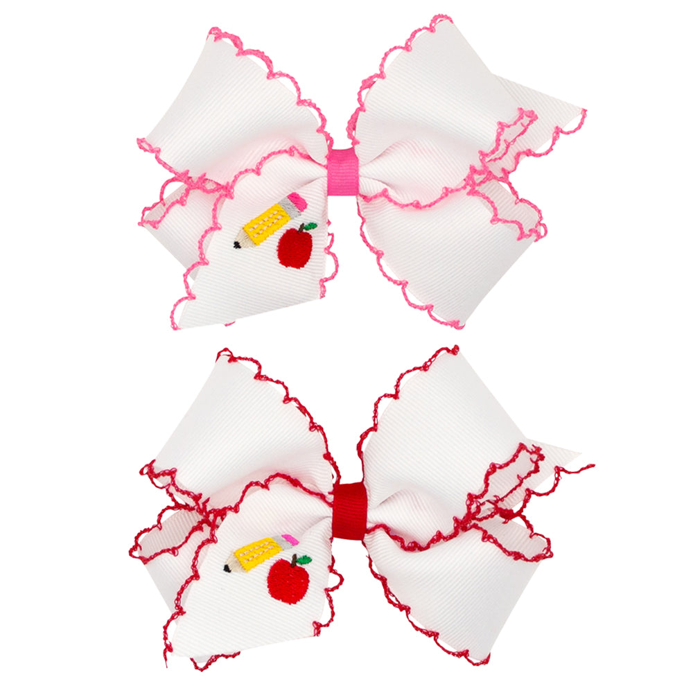 Pencil & Apple Embroidered Moonstitch Bow