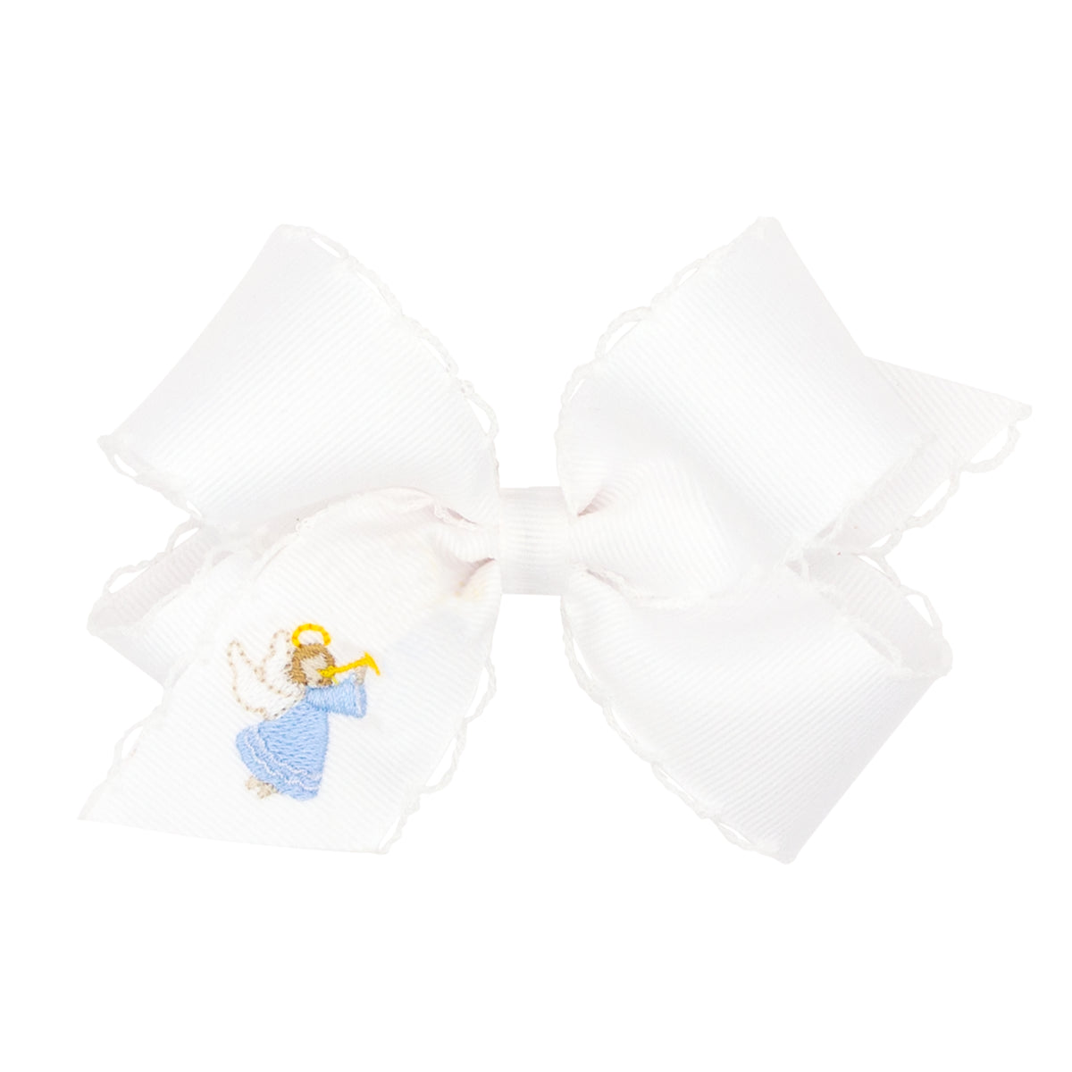 Angel Embroidered White Moonstitch Bow