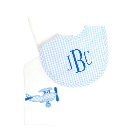 Blue Airplane Bib & Burp Box Set