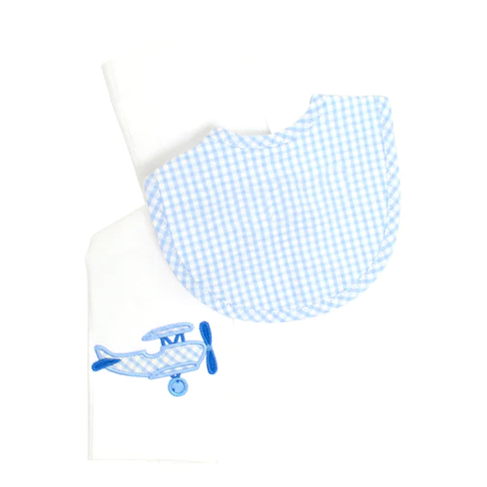 Blue Airplane Bib & Burp Box Set