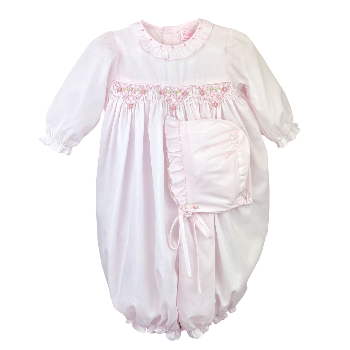 Rosebud Smocked Pink Convertible Gown & Bonnet Set