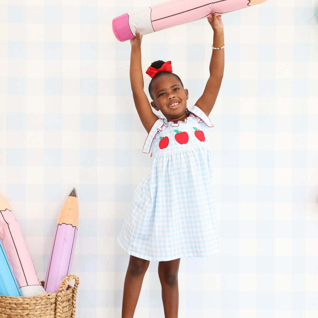Apple Trio Light Blue Gingham Aurora Dress