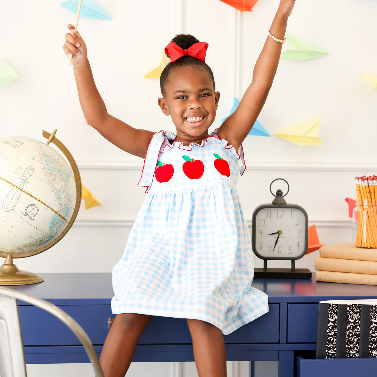 Apple Trio Light Blue Gingham Aurora Dress