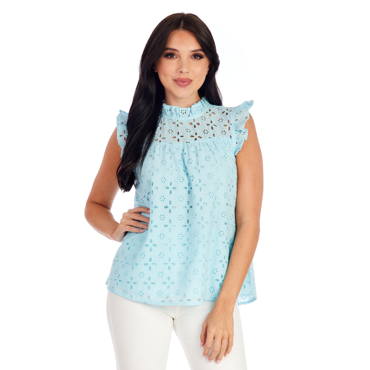 Blue Bianca Eyelet Mom Tank