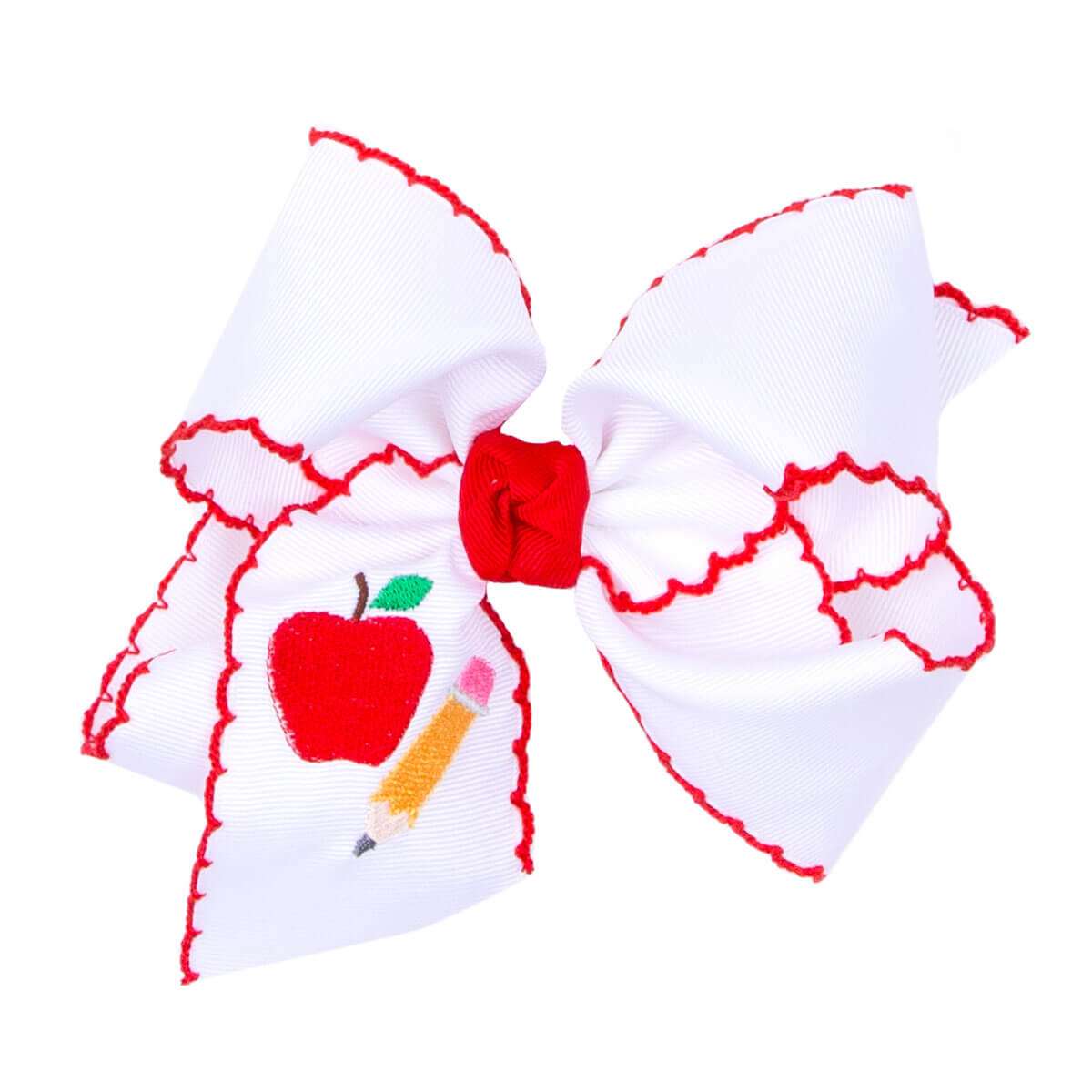 Apple & Pencil Embroidered Knotted Moonstitch Bow