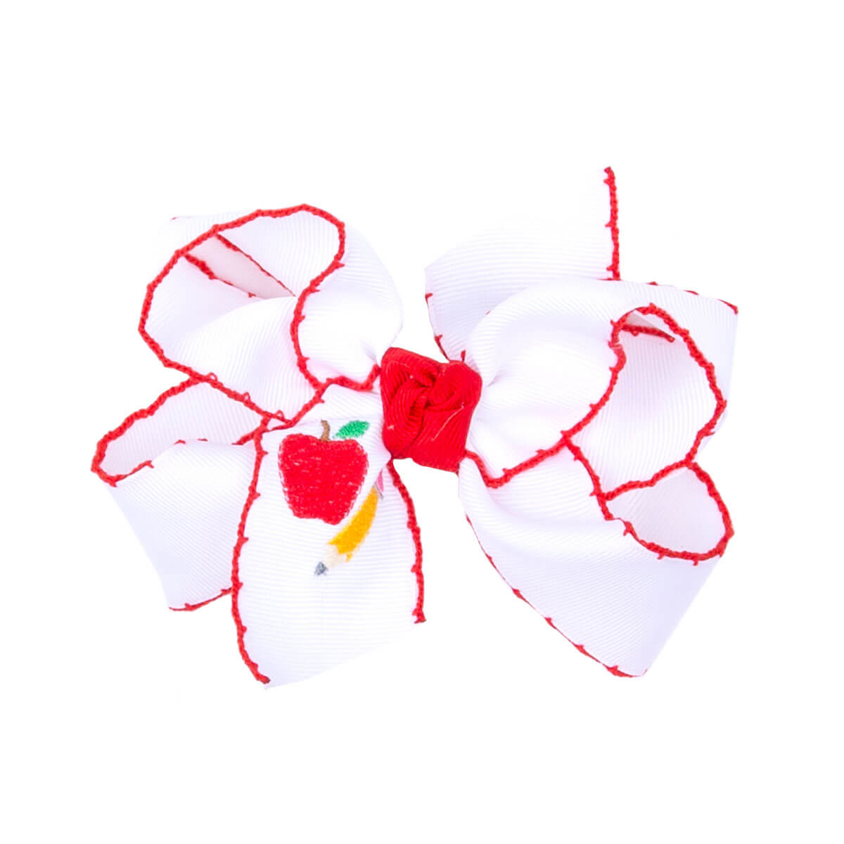 Apple & Pencil Embroidered Knotted Moonstitch Bow