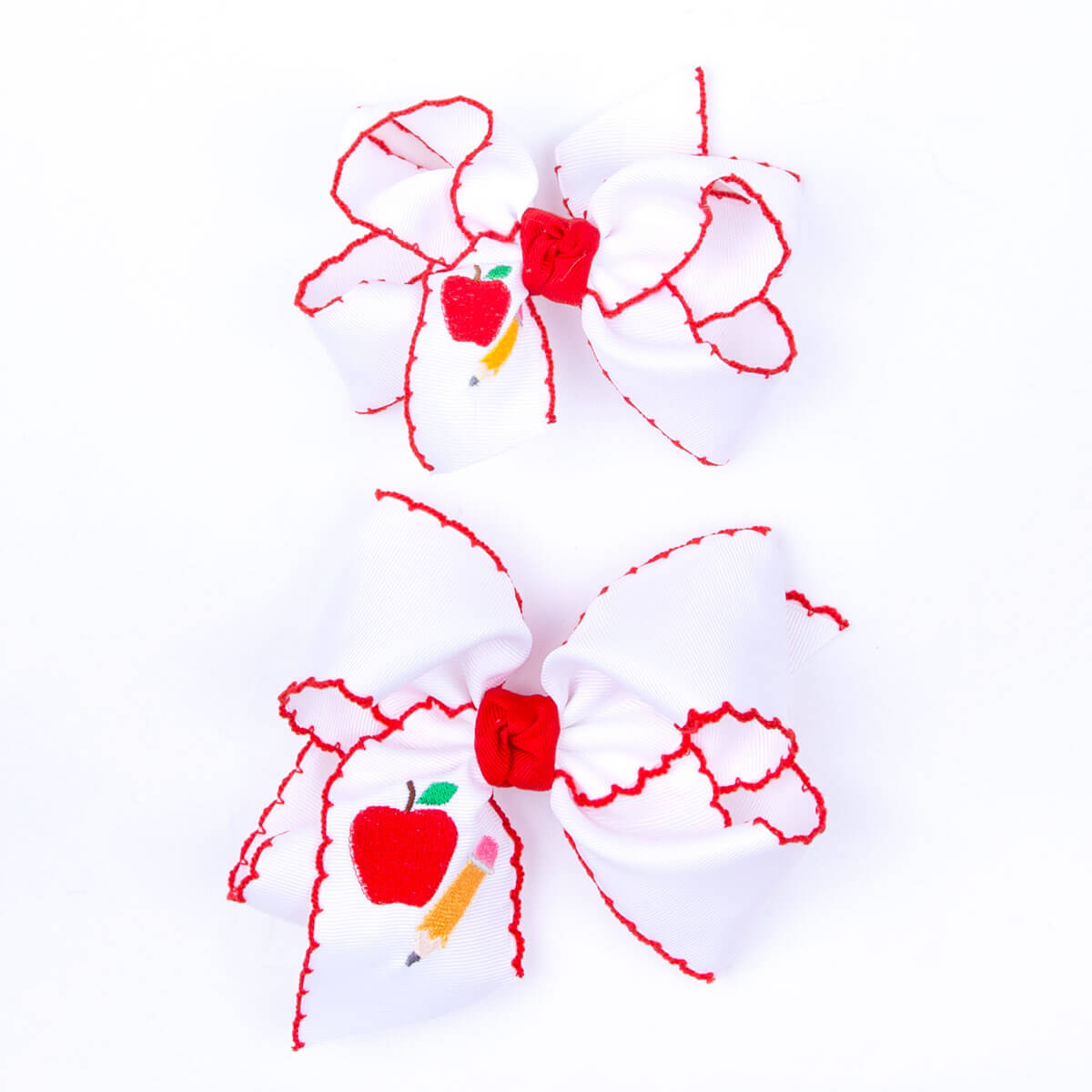 Apple & Pencil Embroidered Knotted Moonstitch Bow