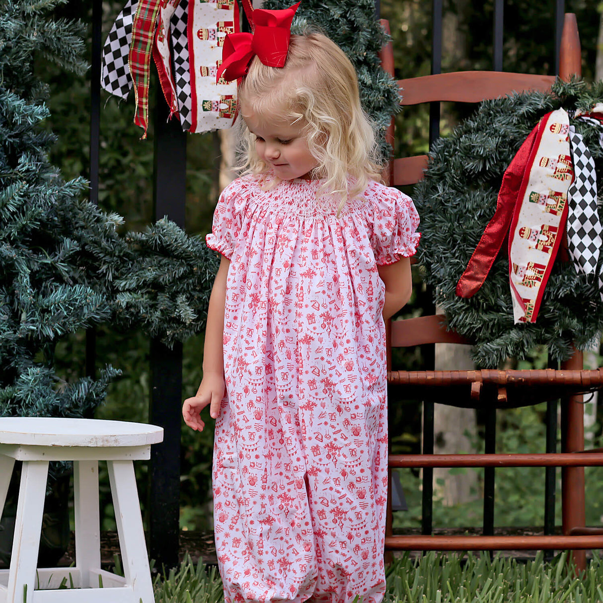 Christmas Wonderland Red Smocked Long Bubble