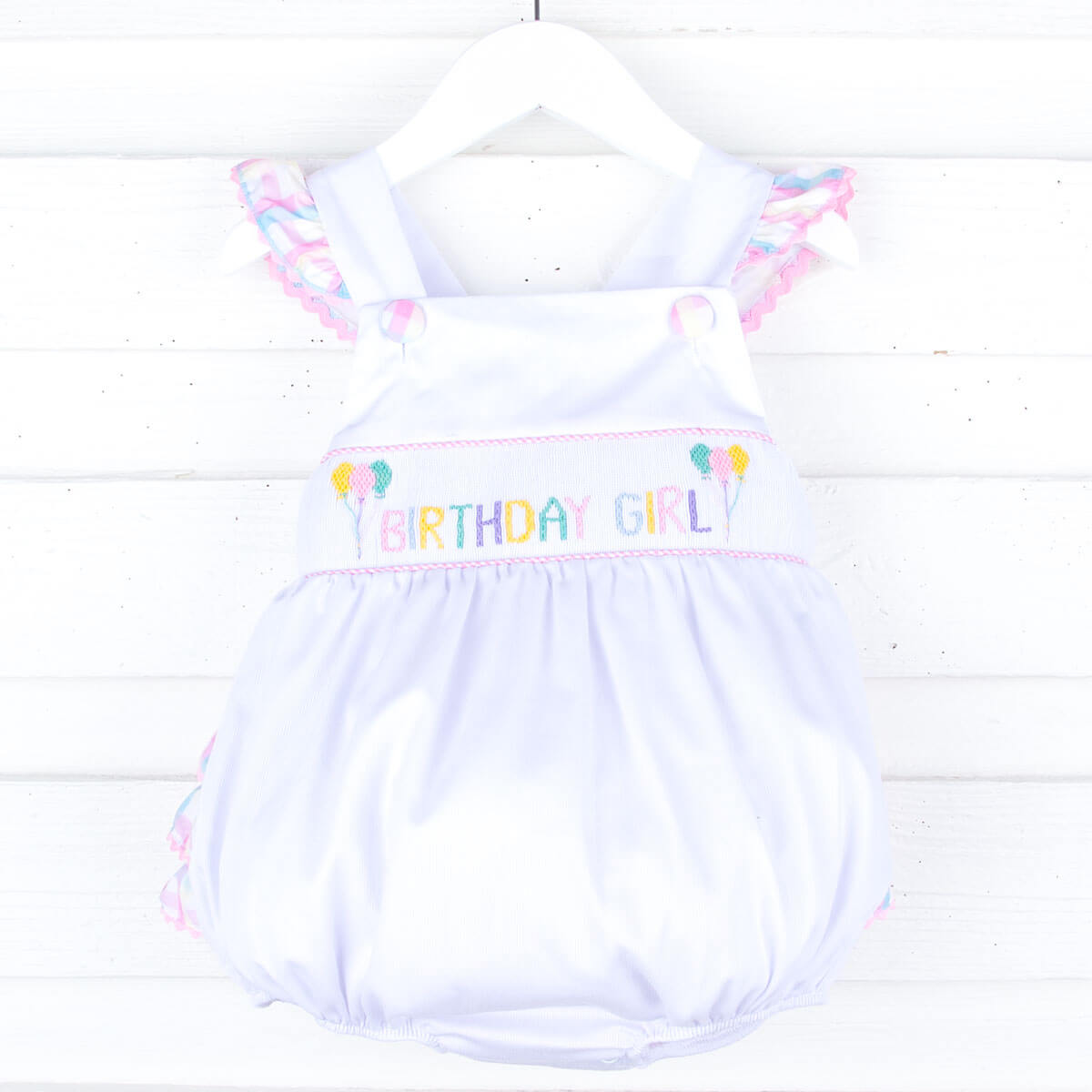 Birthday Girl Smocked White Leah Ruffle Bubble
