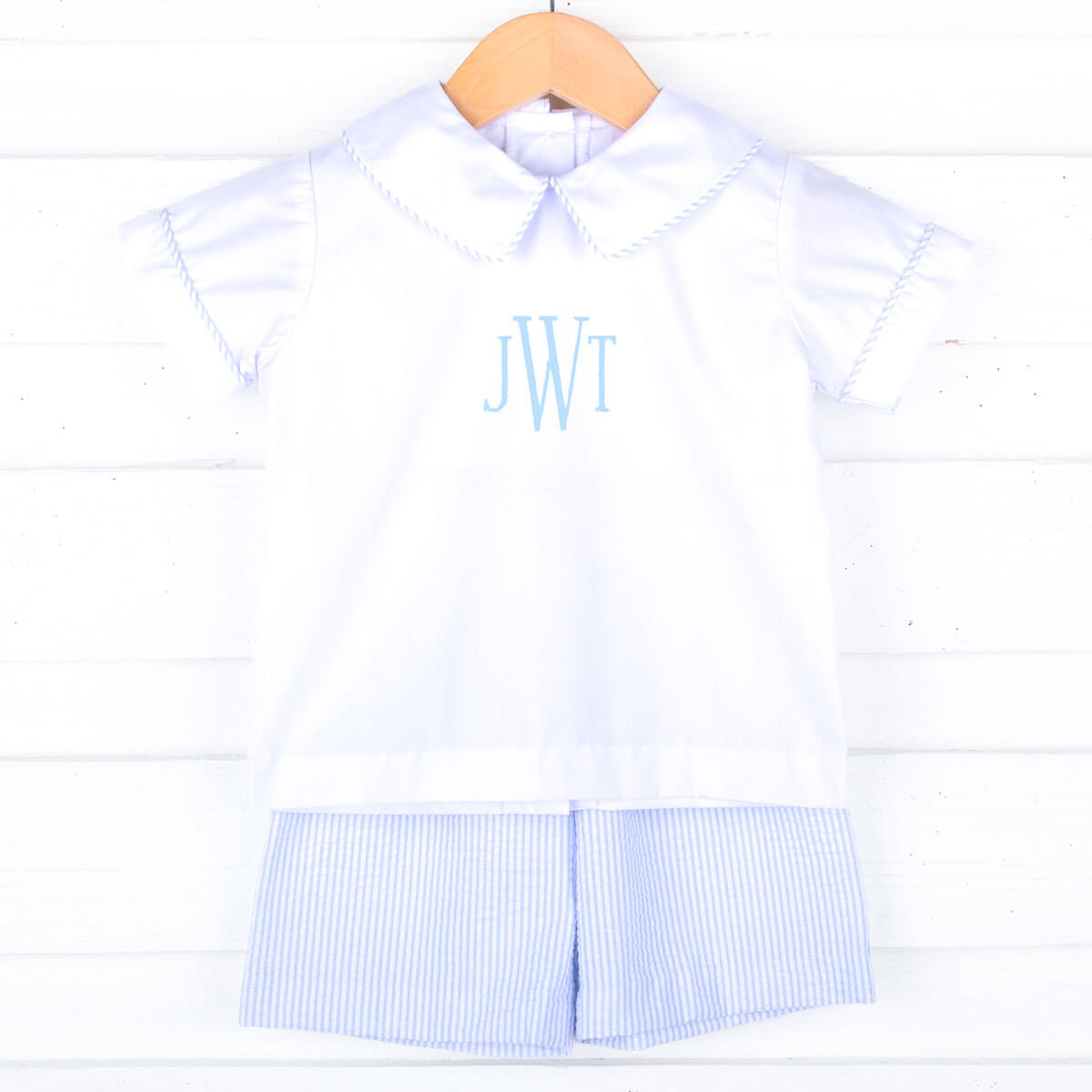 Blue Stripe Seersucker Collared Short Set