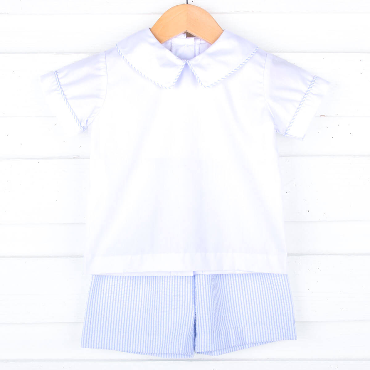 Blue Stripe Seersucker Collared Short Set