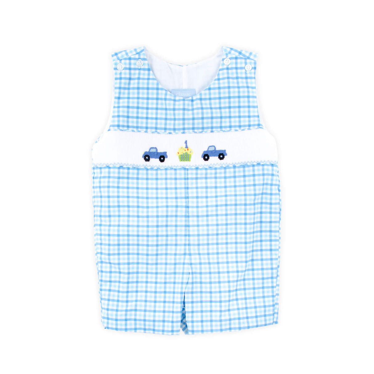 First Birthday Smocked Blue Check Jon Jon