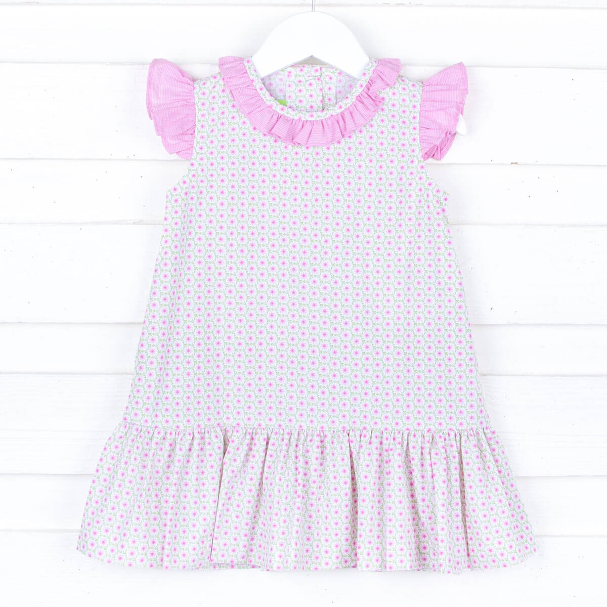 Pink Bouquet Print Ruffle Collared Dress