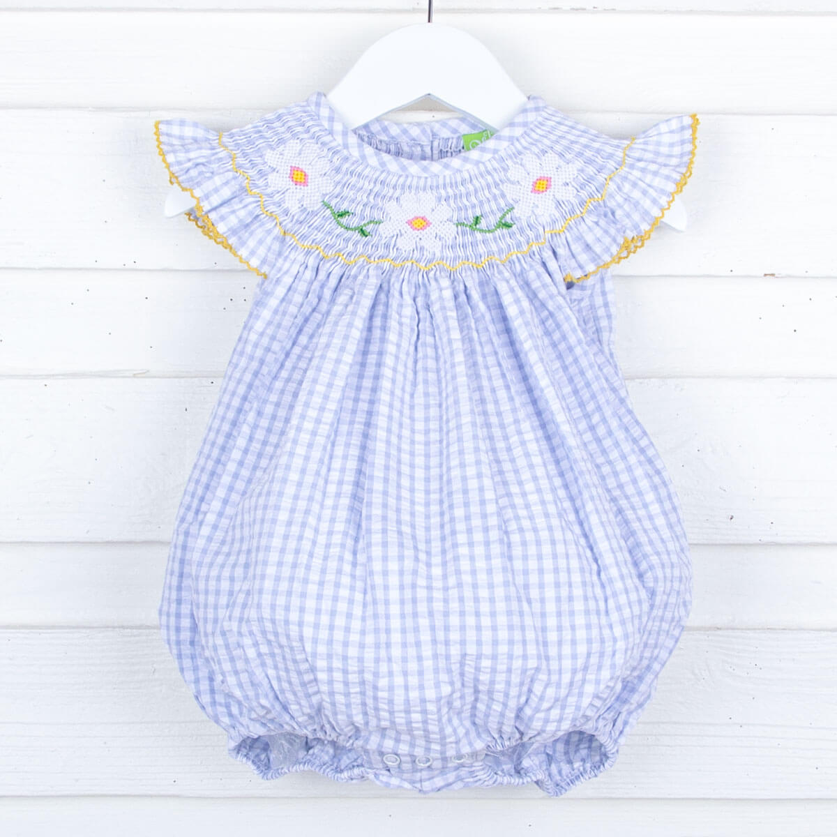 Daisy Smocked Light Blue Seersucker Bubble