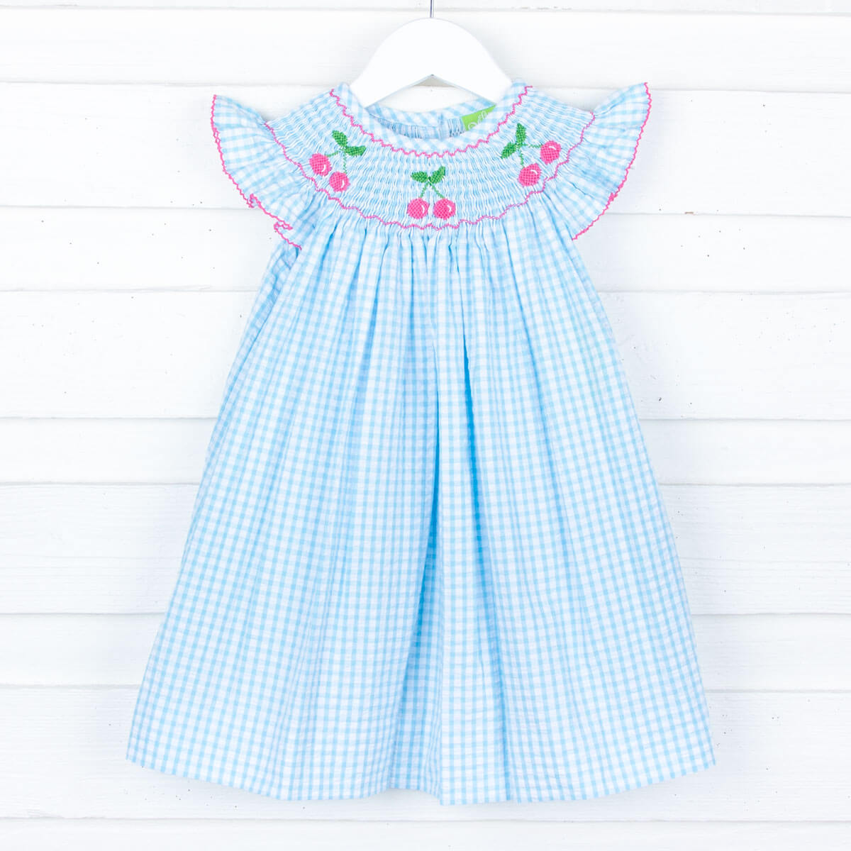 Cherry Smocked Aqua Seersucker Dress