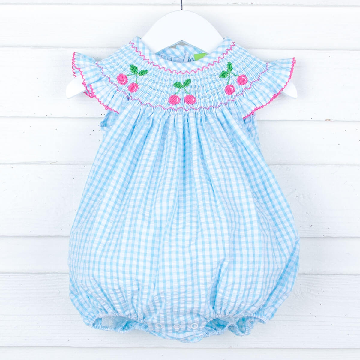 Cherry Smocked Aqua Seersucker Bubble