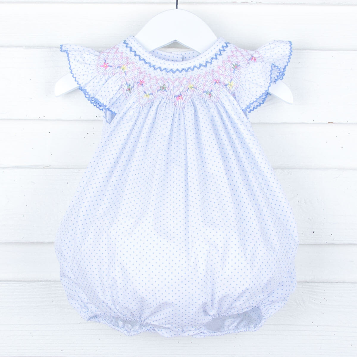 Wild Flowers Smocked Light Blue Polka Dot Bubble