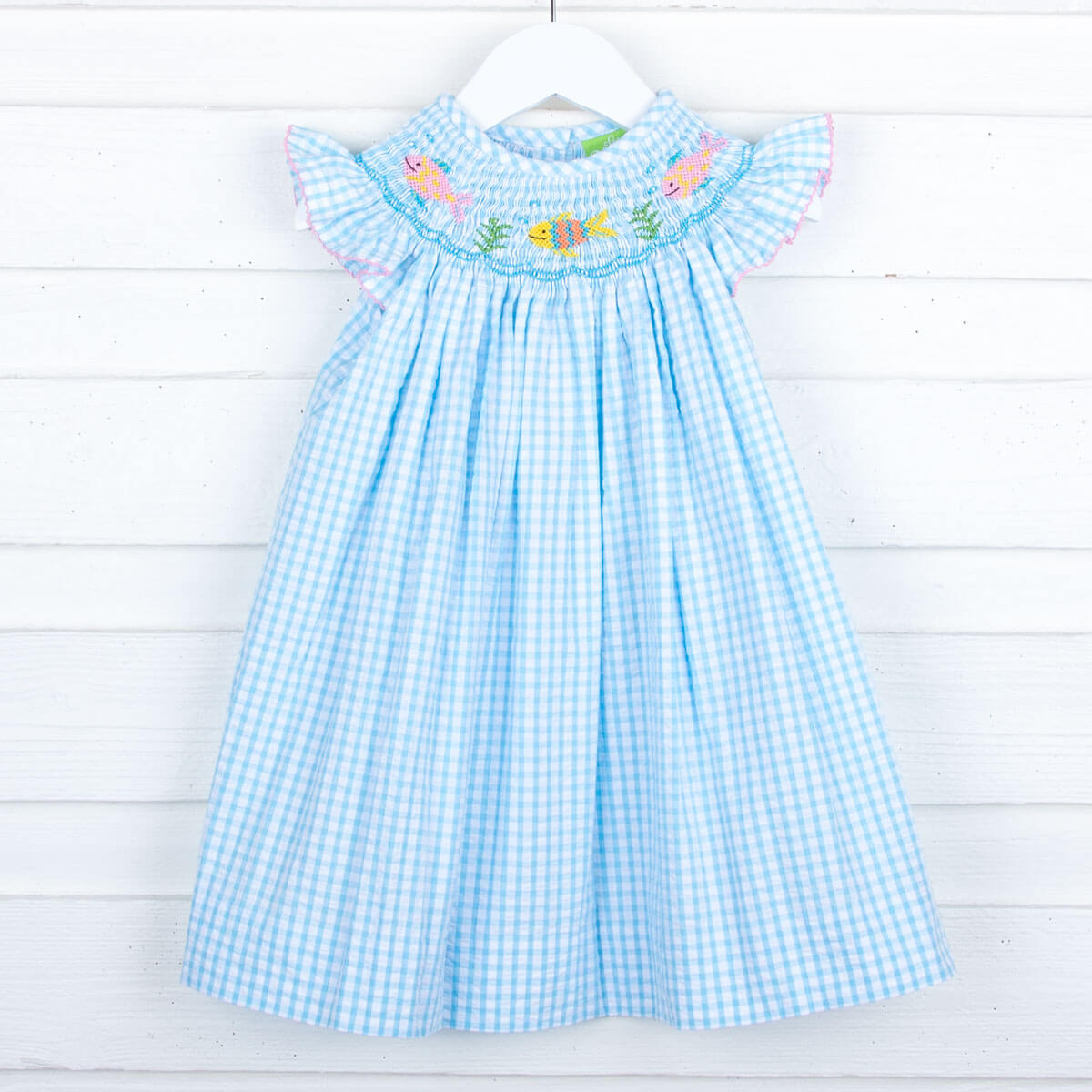 Fish Smocked Aqua Seersucker Dress