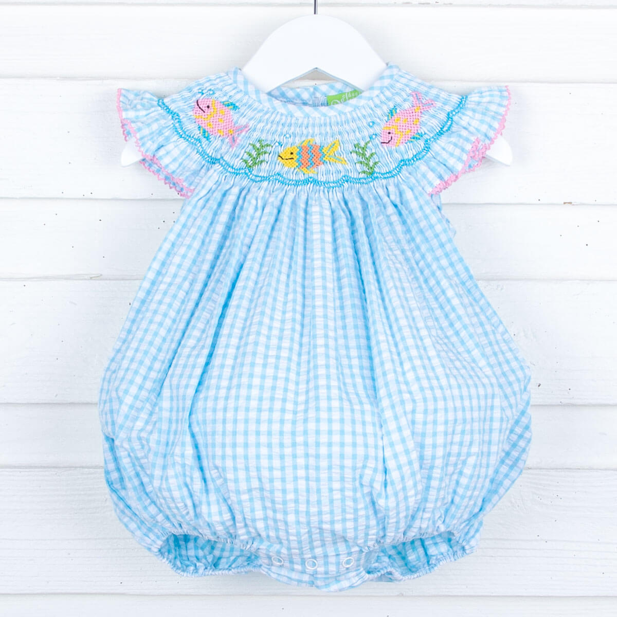 Fish Smocked Aqua Seersucker Bubble