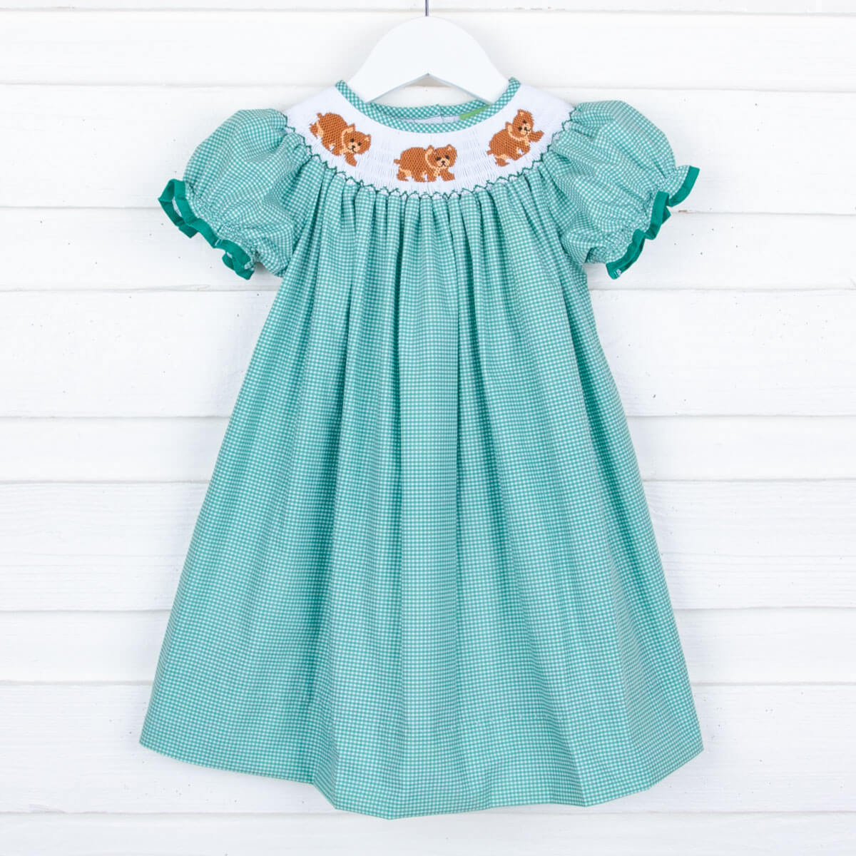 Bears Green Gingham Smocked Bishop Dress
