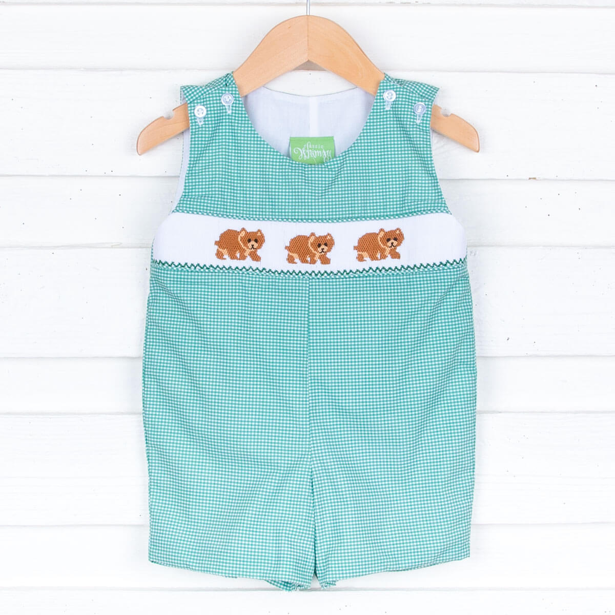 Bears Green Gingham Smocked Jon Jon
