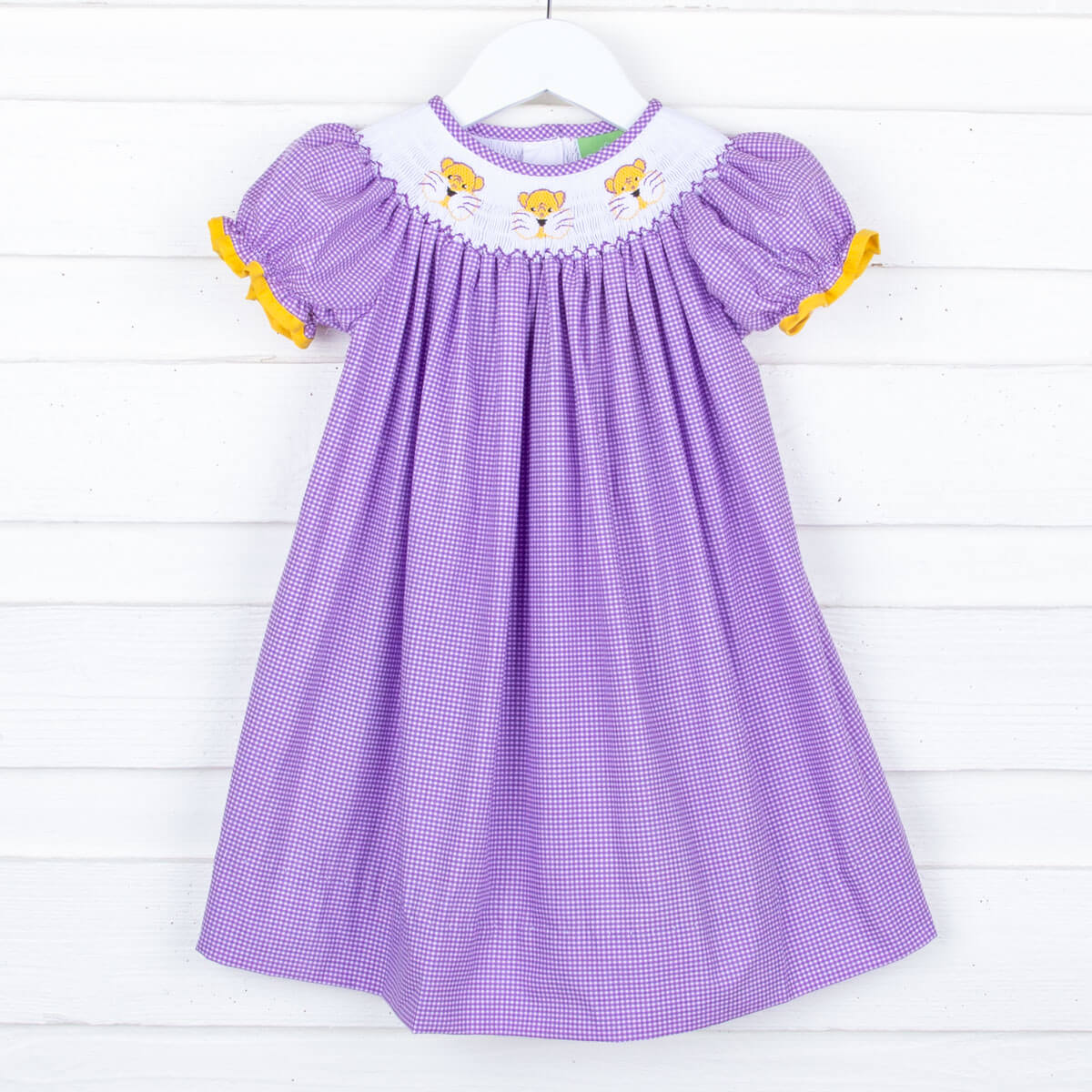 Purple & Gold Tigers Smocked Bishop Dress