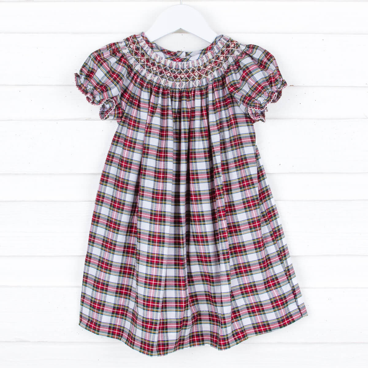 Christmas Plaid Geometric Smocked Bishop Dress