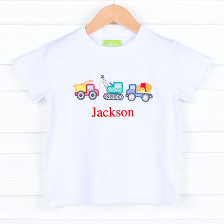 Construction Trucks Applique White Short Sleeve Shirt