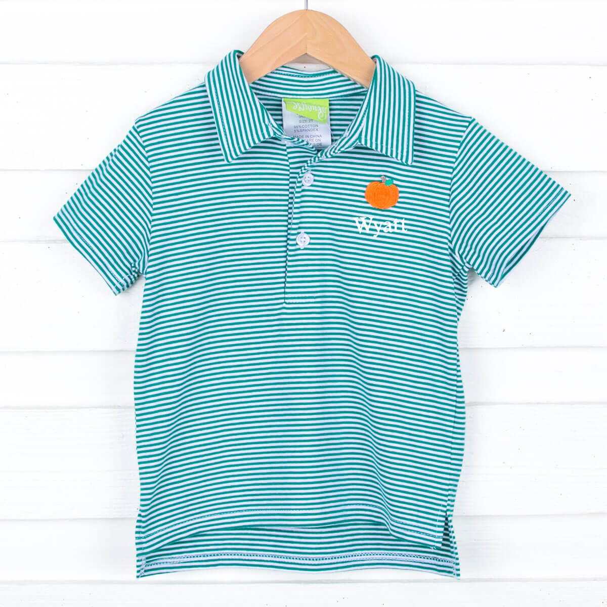 Pumpkin Embroidered Green Stripe Polo Shirt