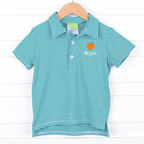 Pumpkin Embroidered Green Stripe Polo Shirt