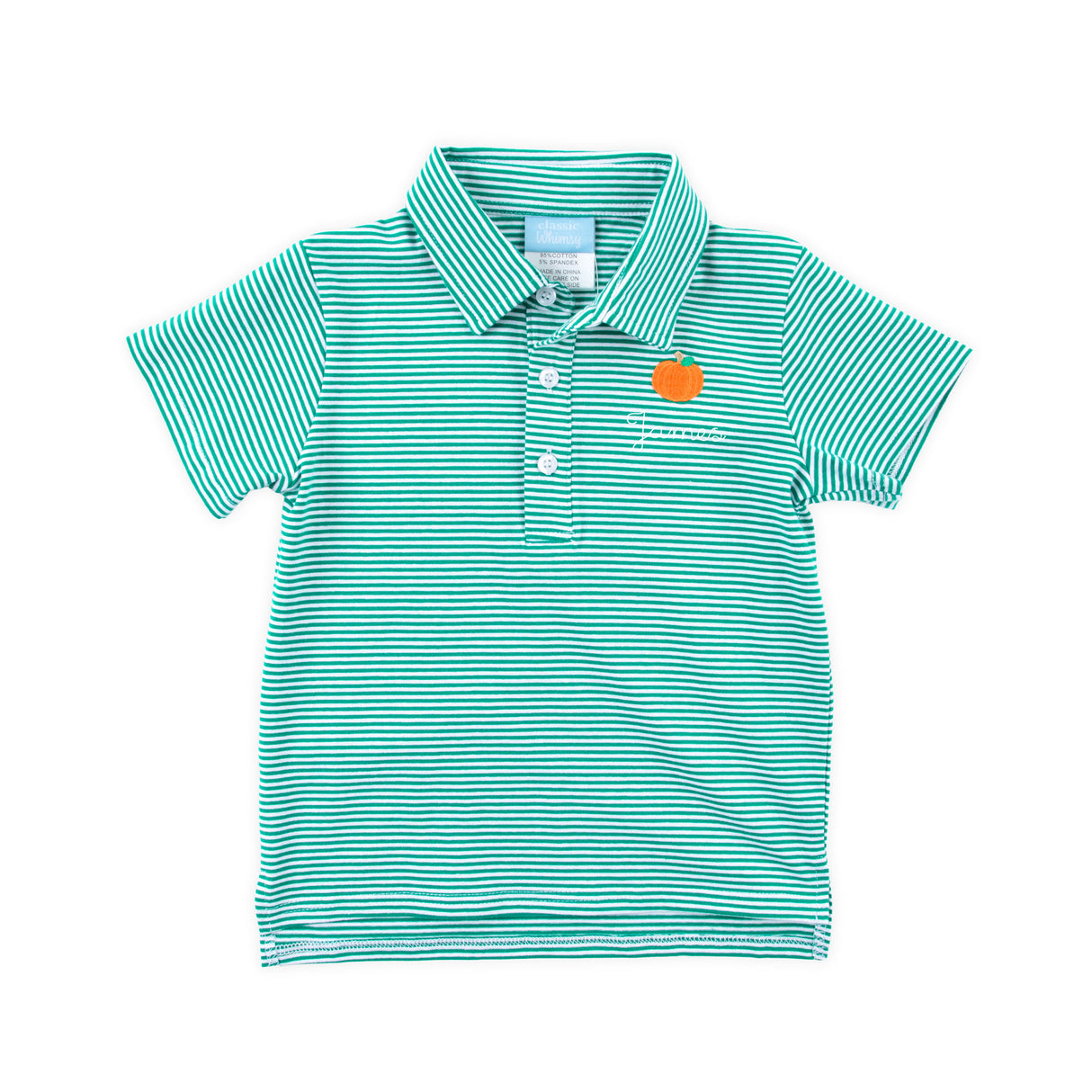 Pumpkin Embroidered Green Stripe Polo Shirt