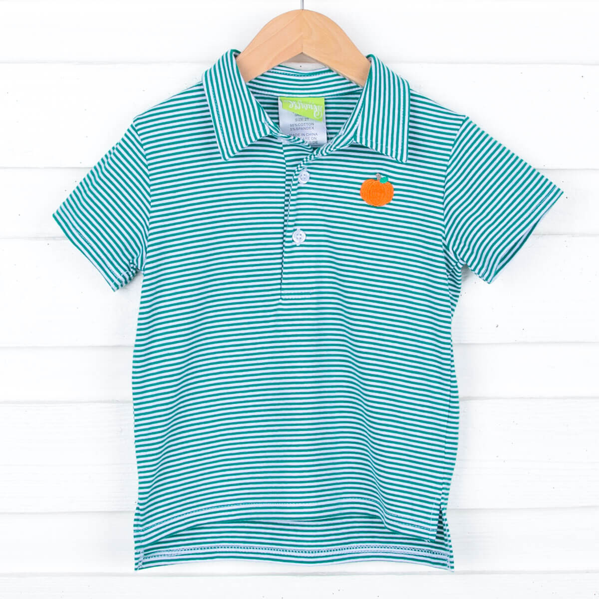 Pumpkin Embroidered Green Stripe Polo Shirt