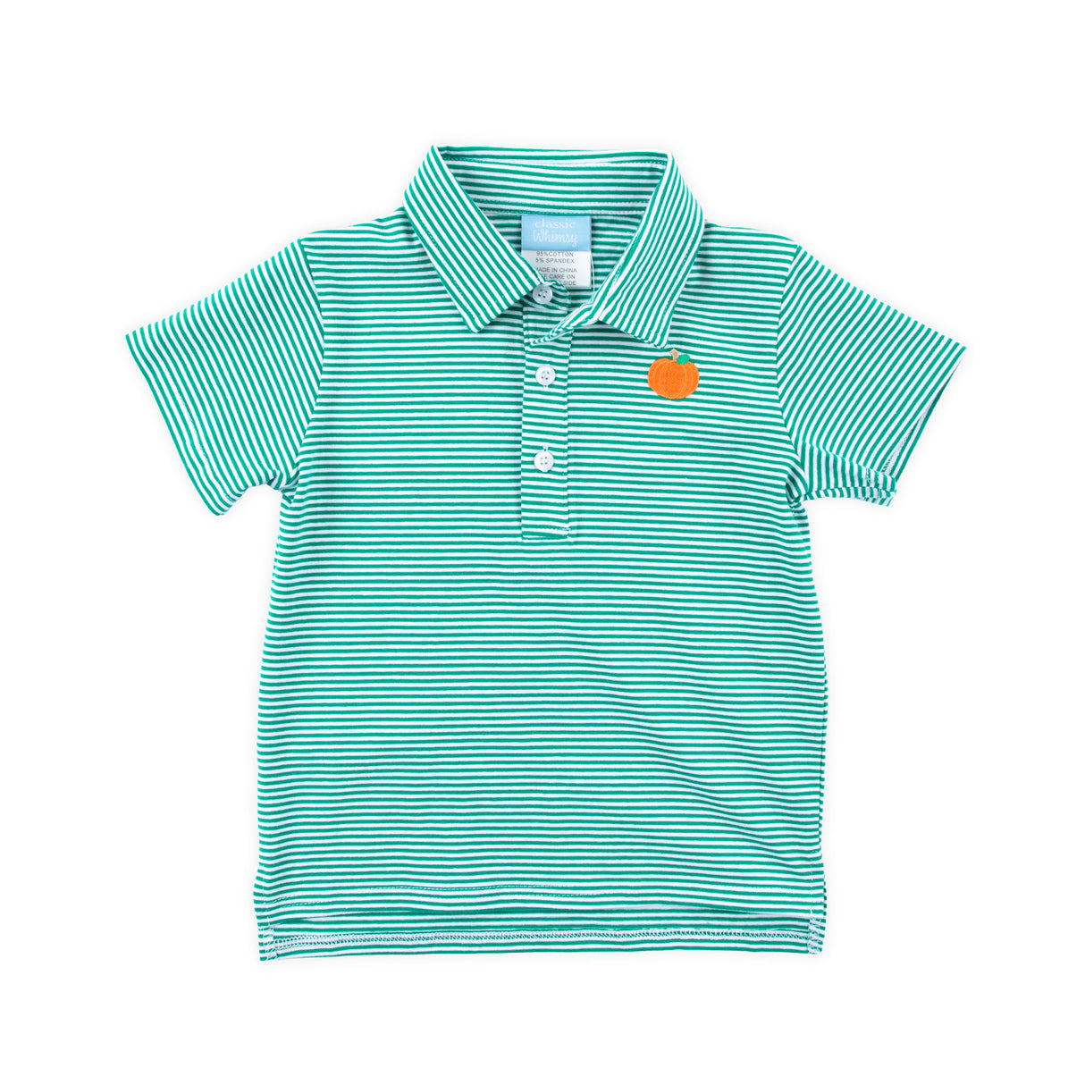 Pumpkin Embroidered Green Stripe Polo Shirt