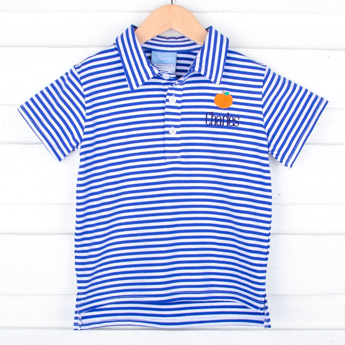 Pumpkin Embroidered Blue Stripe Polo