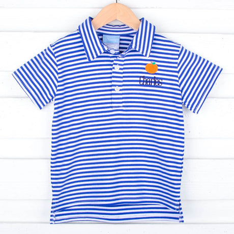 Pumpkin Embroidered Blue Stripe Polo