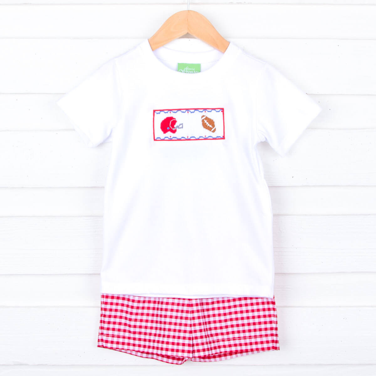 Red Check Football Smocked Short Set