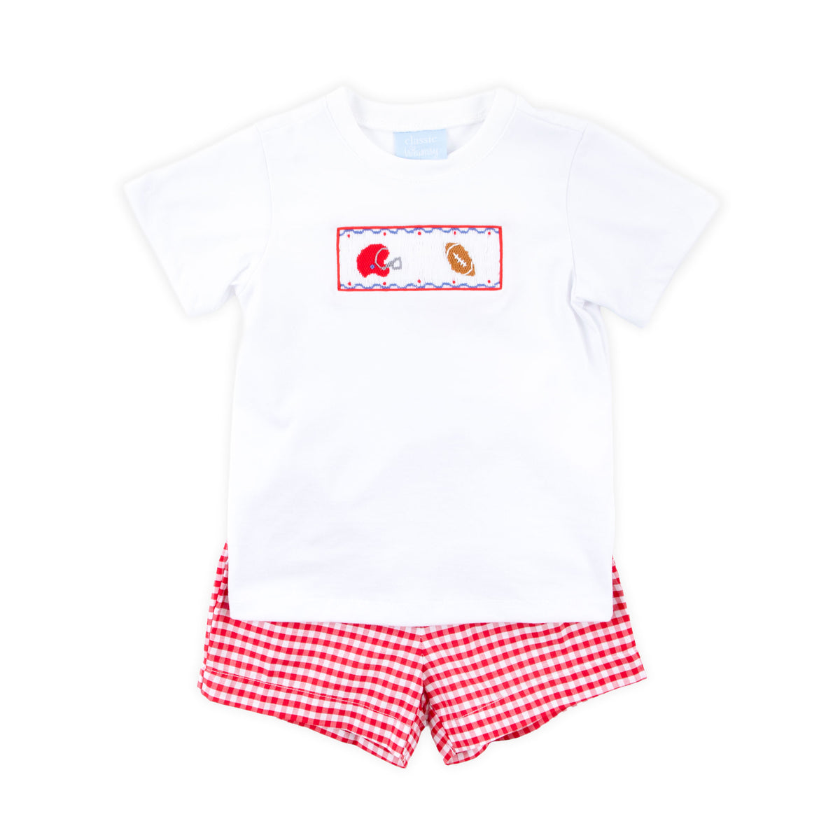 Red Check Football Smocked Short Set