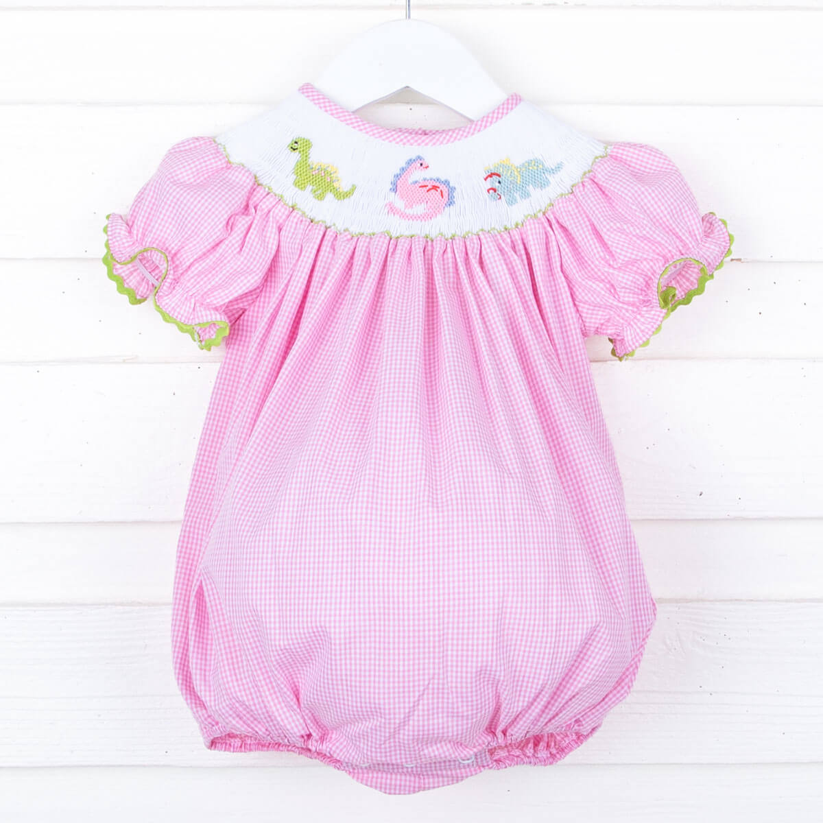 Dinosaur Smocked Pink Gingham Bubble