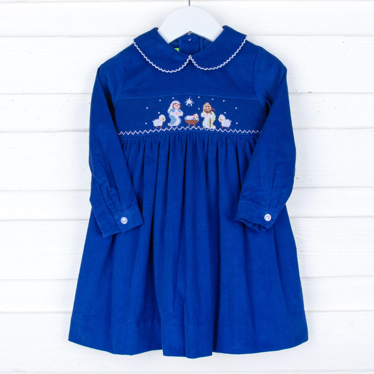 Nativity Smocked Royal Blue Collared Dress Corduroy