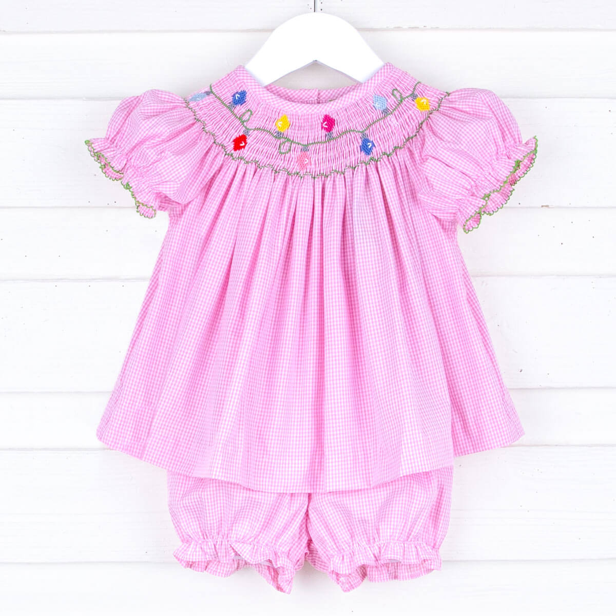 Christmas Lights Pink Smocked Bloomer Set