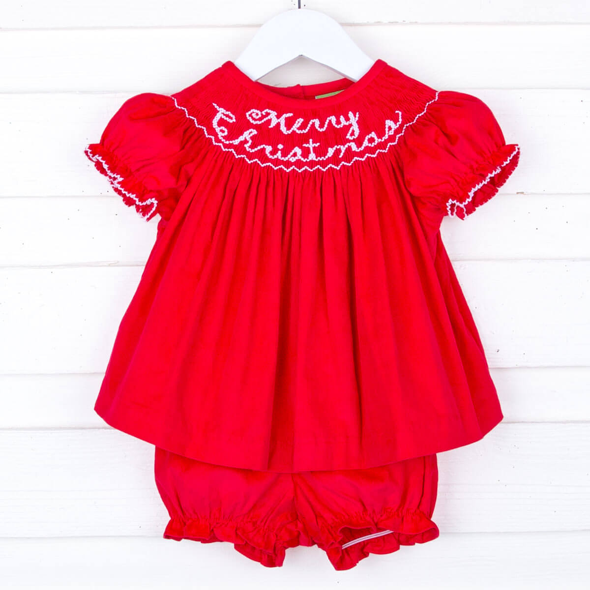 Merry Christmas Smocked Bloomer Set Red Corduroy