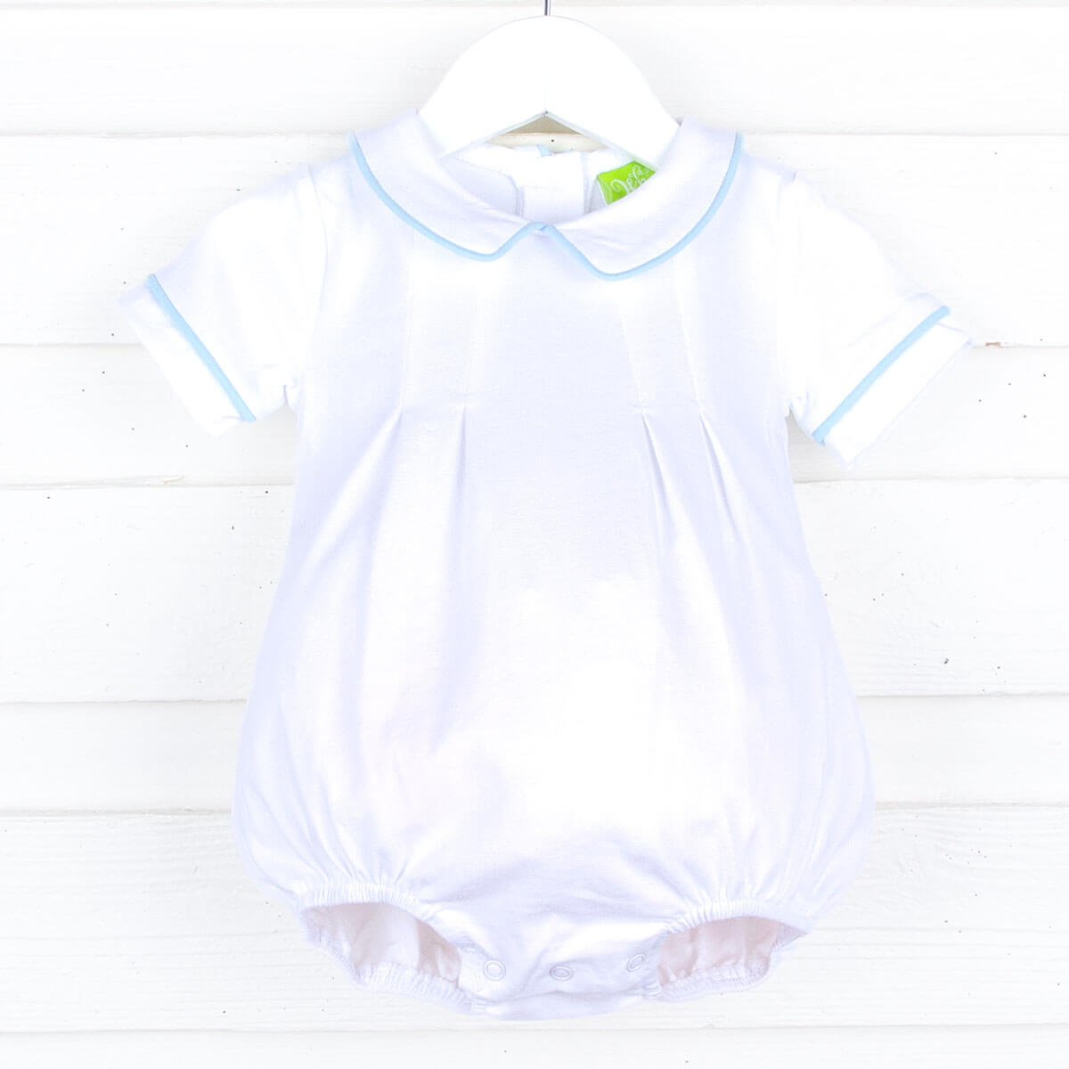 Solid White Blue Trim Collared Bubble