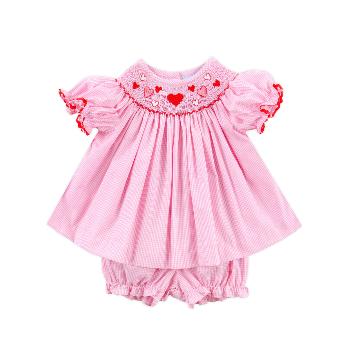 Pink and Red Hearts Smocked Bishop Bloomer Set