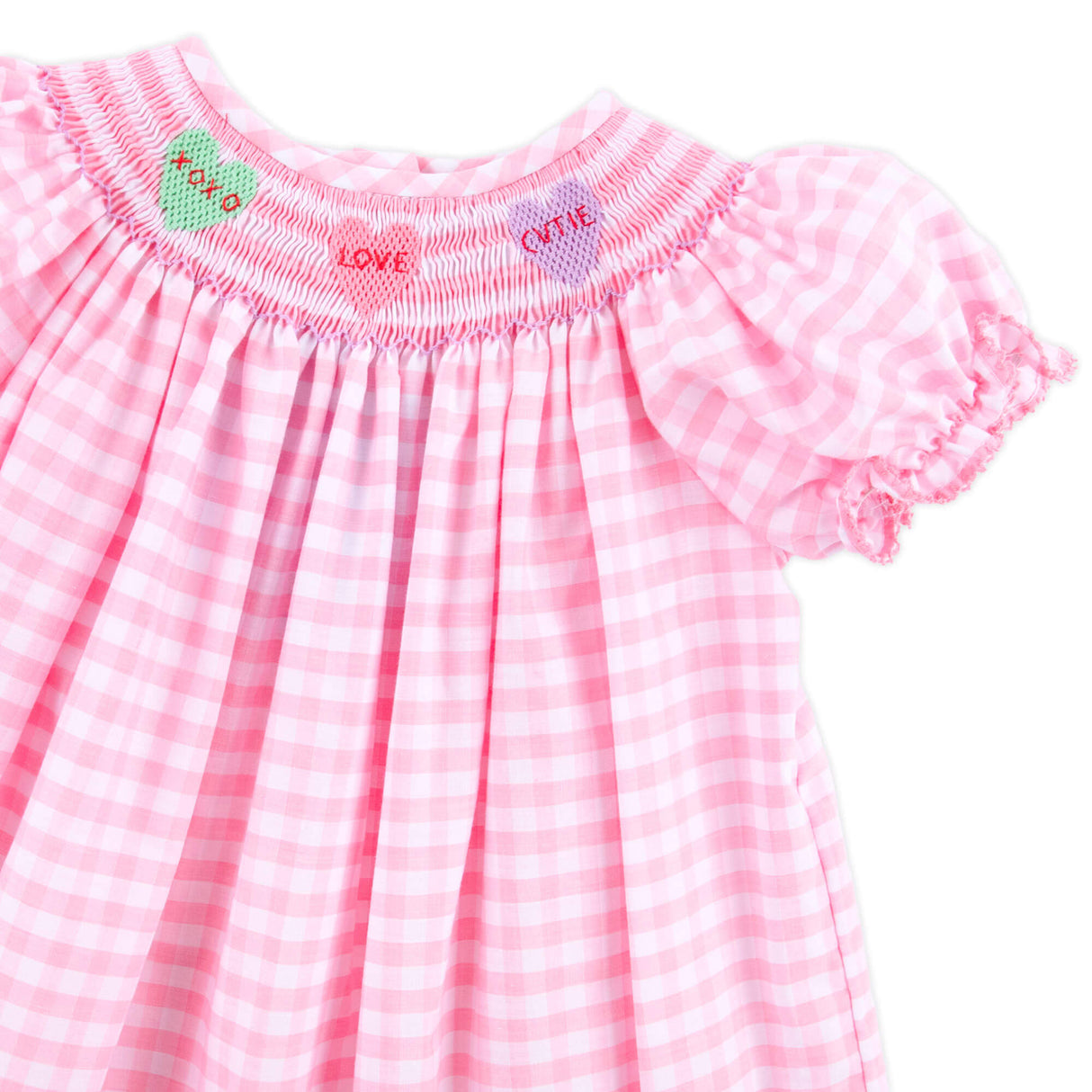 Candy Hearts Pink Gingham Smocked Bishop Dress