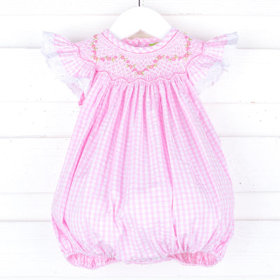 Geometric Floral Smocked Pink Check Bubble