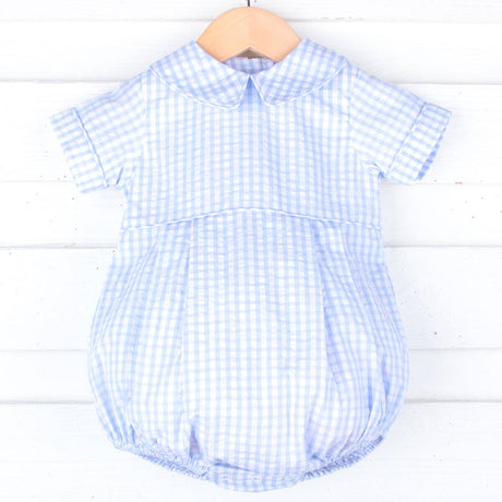 Light Blue Seersucker Check Collared Bubble