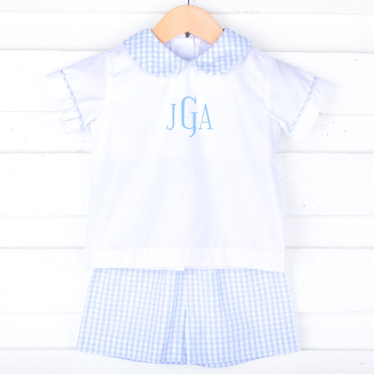 Light Blue Seersucker Check Collared Short Set
