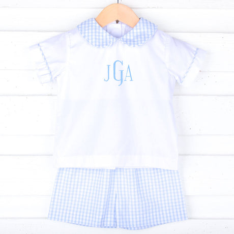 Light Blue Seersucker Check Collared Short Set